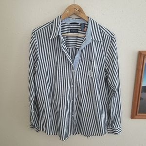 Liz Claiborne Embroidered Logo Striped Long Sleeve Button Down Top